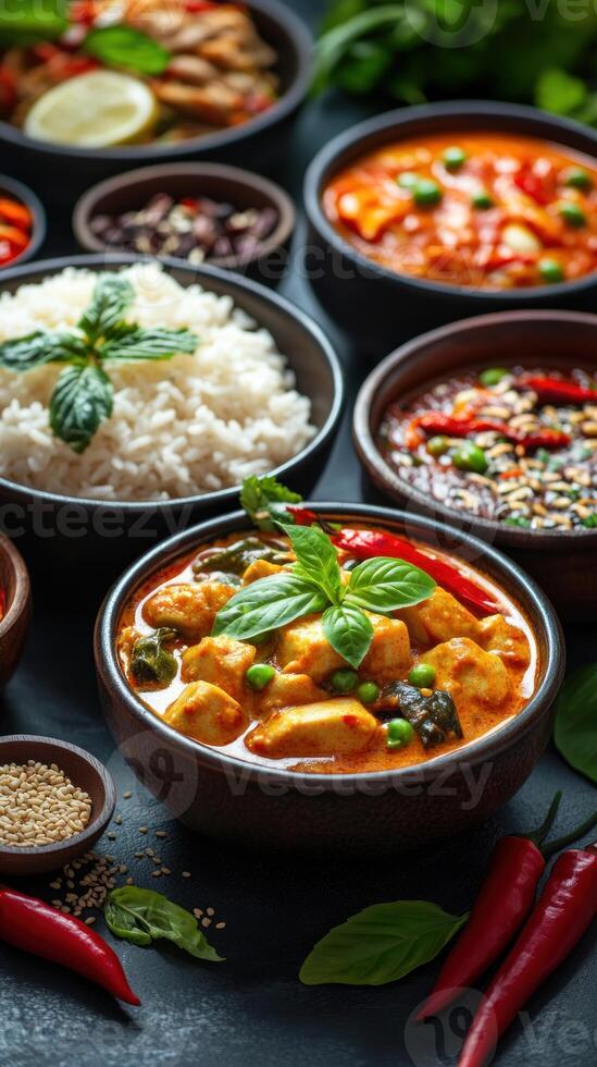 A Bowl of Chicken Curry with Green Peas, Basil, and Red Chili Peppers photo