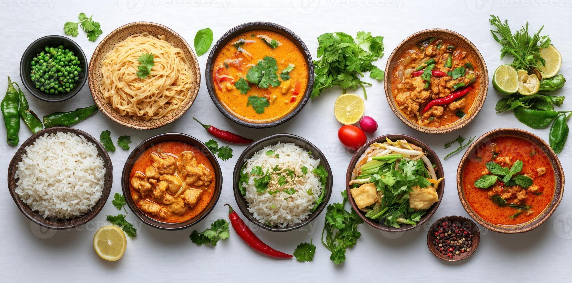 A Spread of Thai Curries with Rice, Noodles, and Garnishes photo