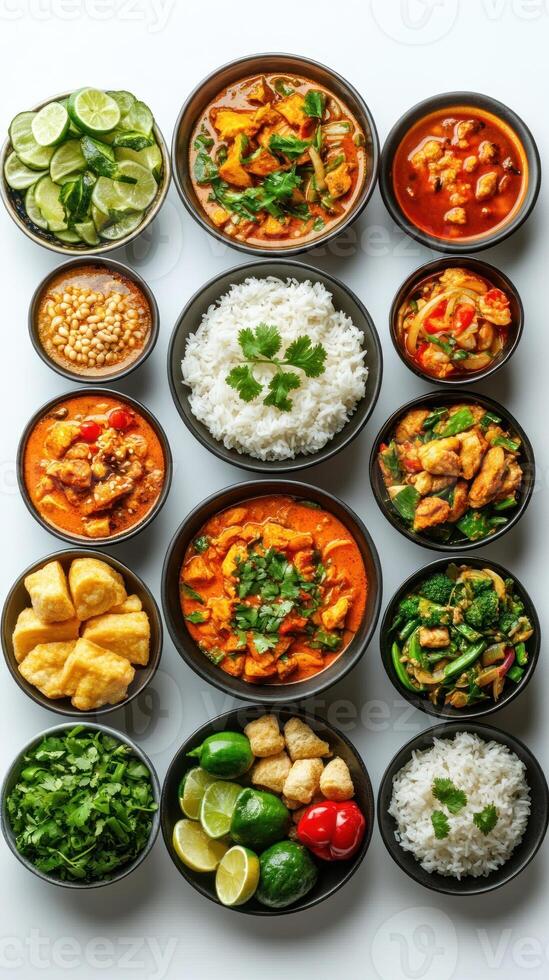 A Variety of Thai Dishes with Rice, Tofu, and Vegetables photo