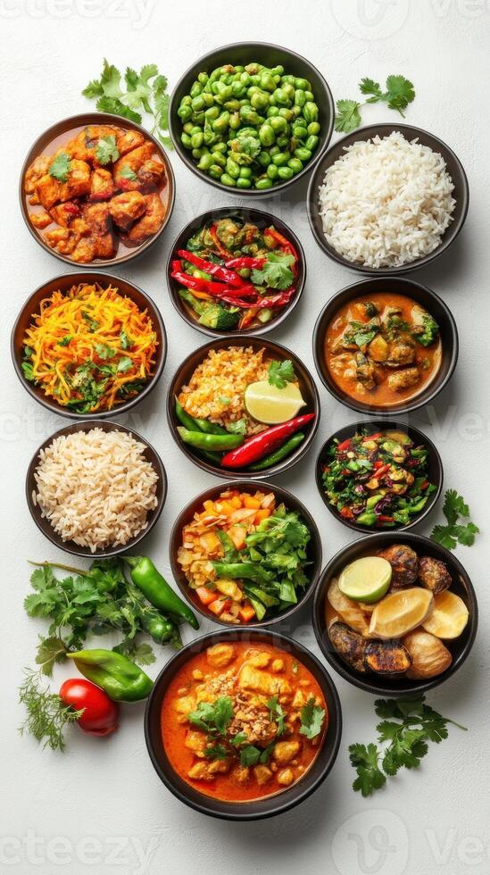 An Assortment of Delicious Asian Dishes in Bowls with Garnishes photo