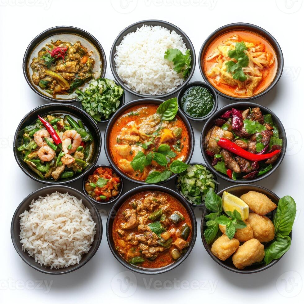 Assortment of Thai Curries and Rice Dishes in Black Bowls photo