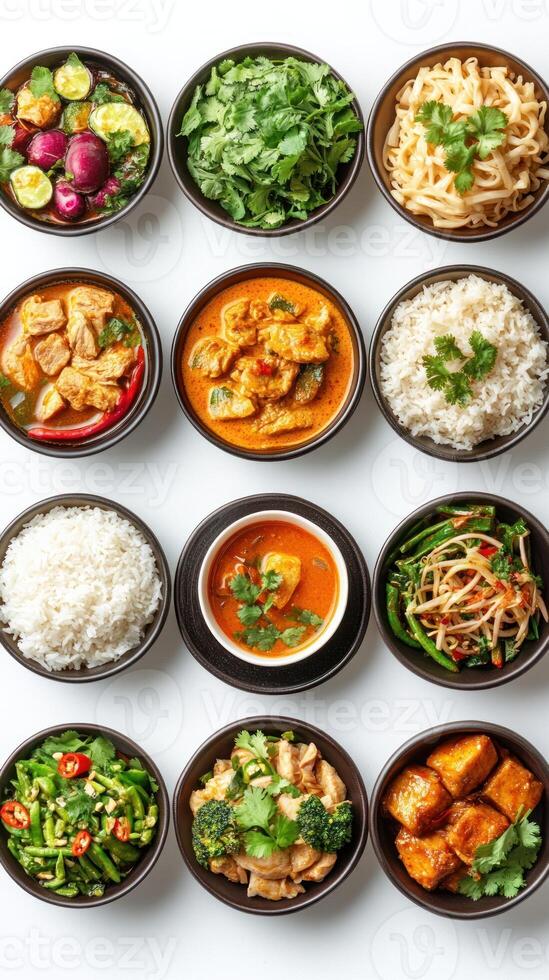 Assortment of Thai Dishes with Rice, Noodles, and Curry photo