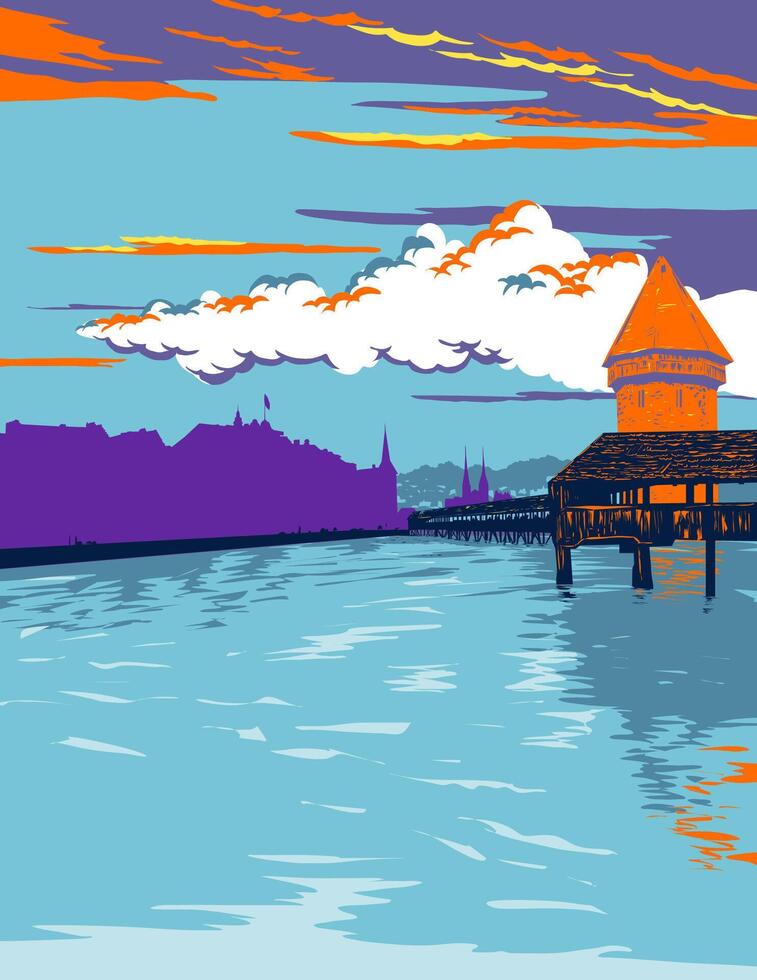 Kapellbrucke Over River Reuss with Wasserturm in Lucerne Switzerland WPA Poster Art vector