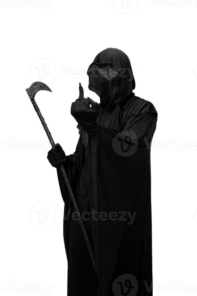 vertical Grim reaper in Halloween costume holding scythe making an obscene gesture white background photo