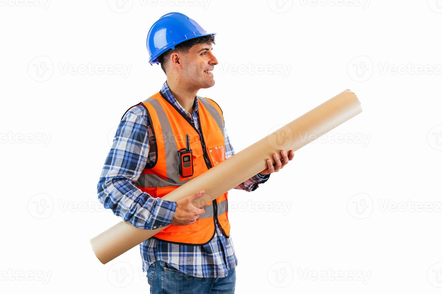 Construction worker transporting a pipe white background photo