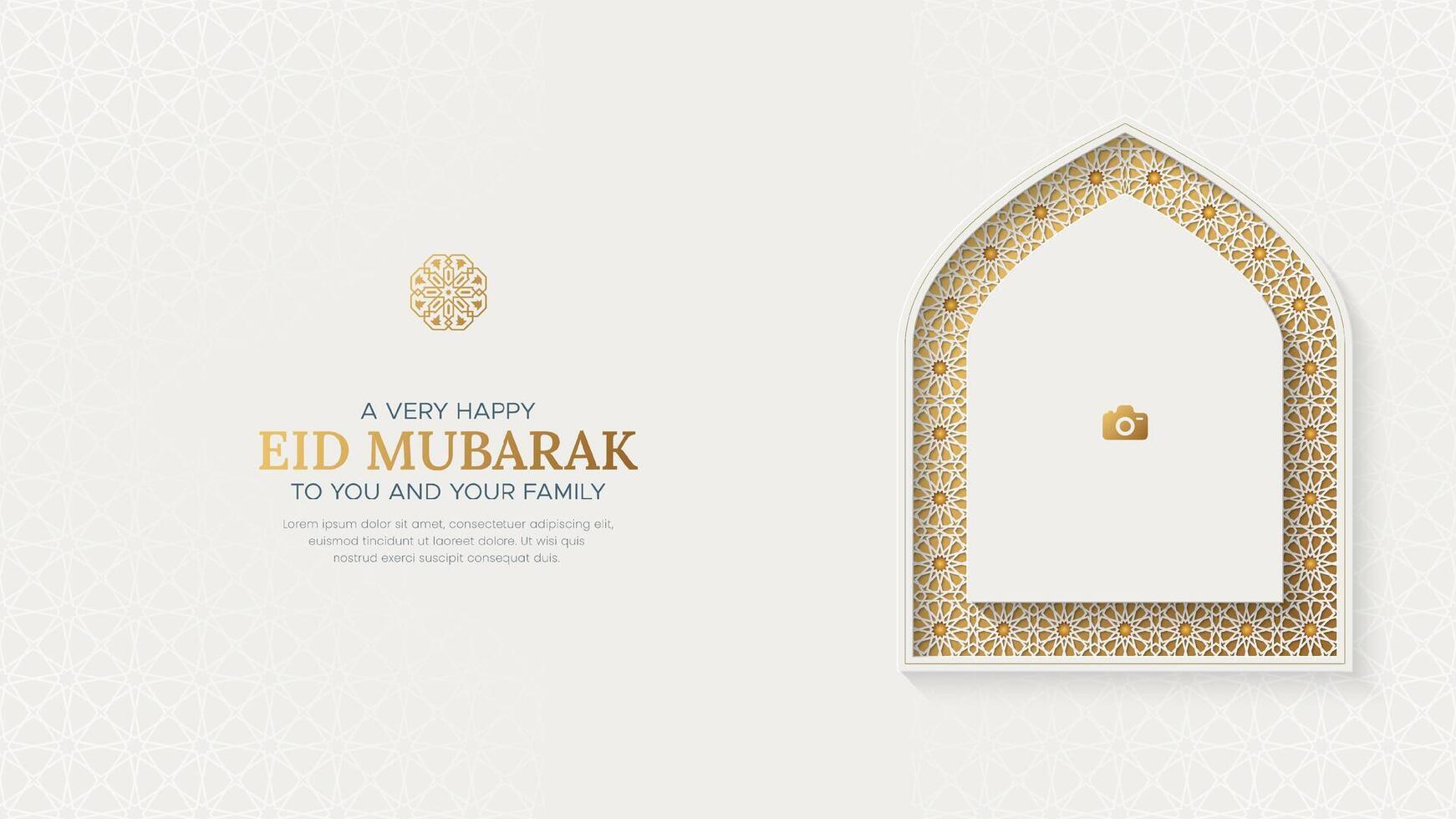 Eid Mubarak Islamic elegant ornamental greeting card background with Arabic pattern and photo frame vector