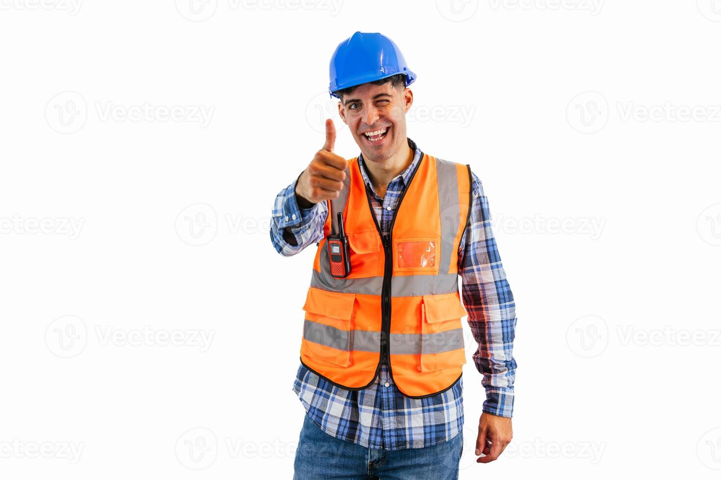 Satisfied construction worker giving a thumbs-up to the camera white background photo