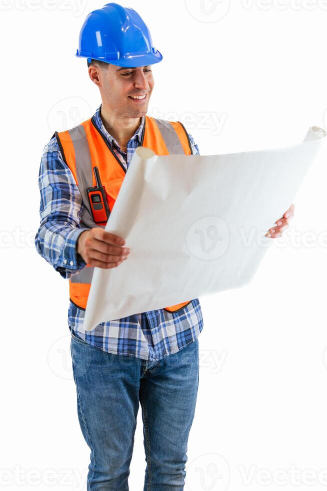 vertical Construction worker examining a project blueprint wearing orange vest and safety helmet photo