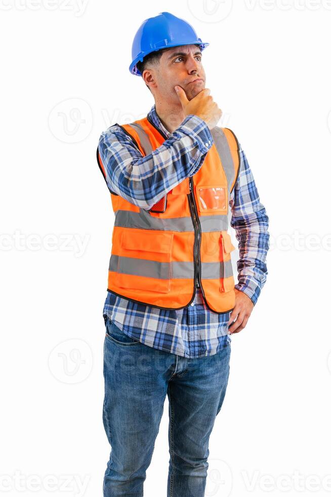 vertical construction worker resting his chin while reflecting wearing orange vest and safety helmet photo
