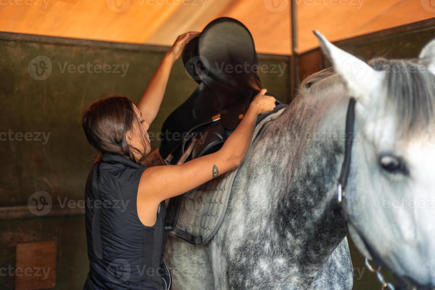 Young female rider saddling her horse in the stable before riding at the ranch photo