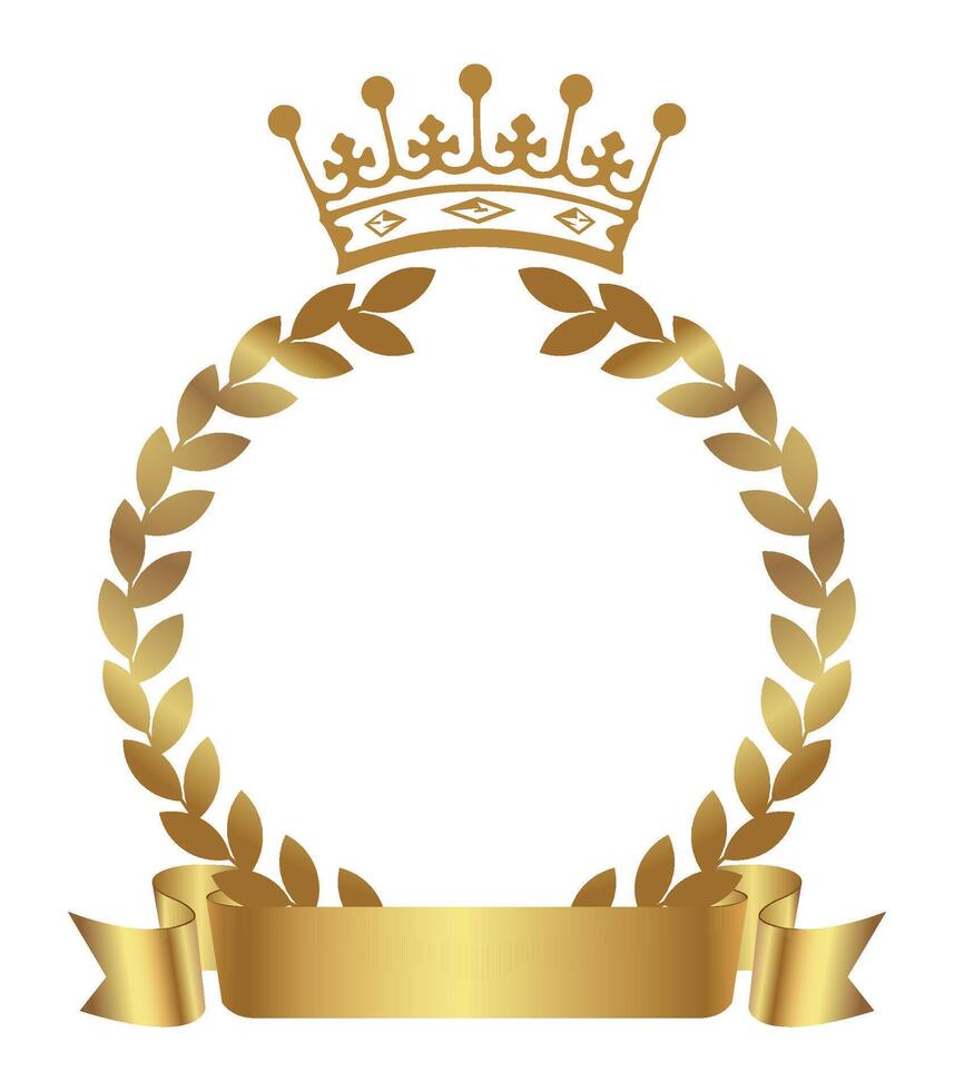 Realistic Golden Crown with Laurel Wreath and Gold Ribbon for text, isolated on white background. Golden laurel wreath with ribbon and crown. Illustrations of awards and honors vector