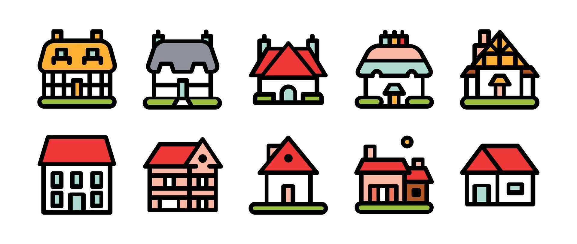 ten types of houses set icon illustration on white background vector