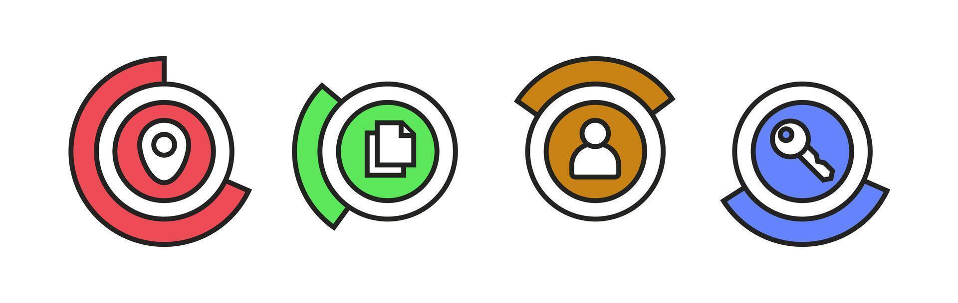 key, lock, file, account, document set button icon on white background. vector