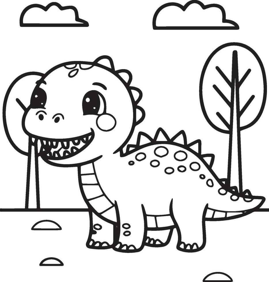Cute Dinosaur Coloring Page with Trees and Clouds Fun and Educational Activity for Kid's vector