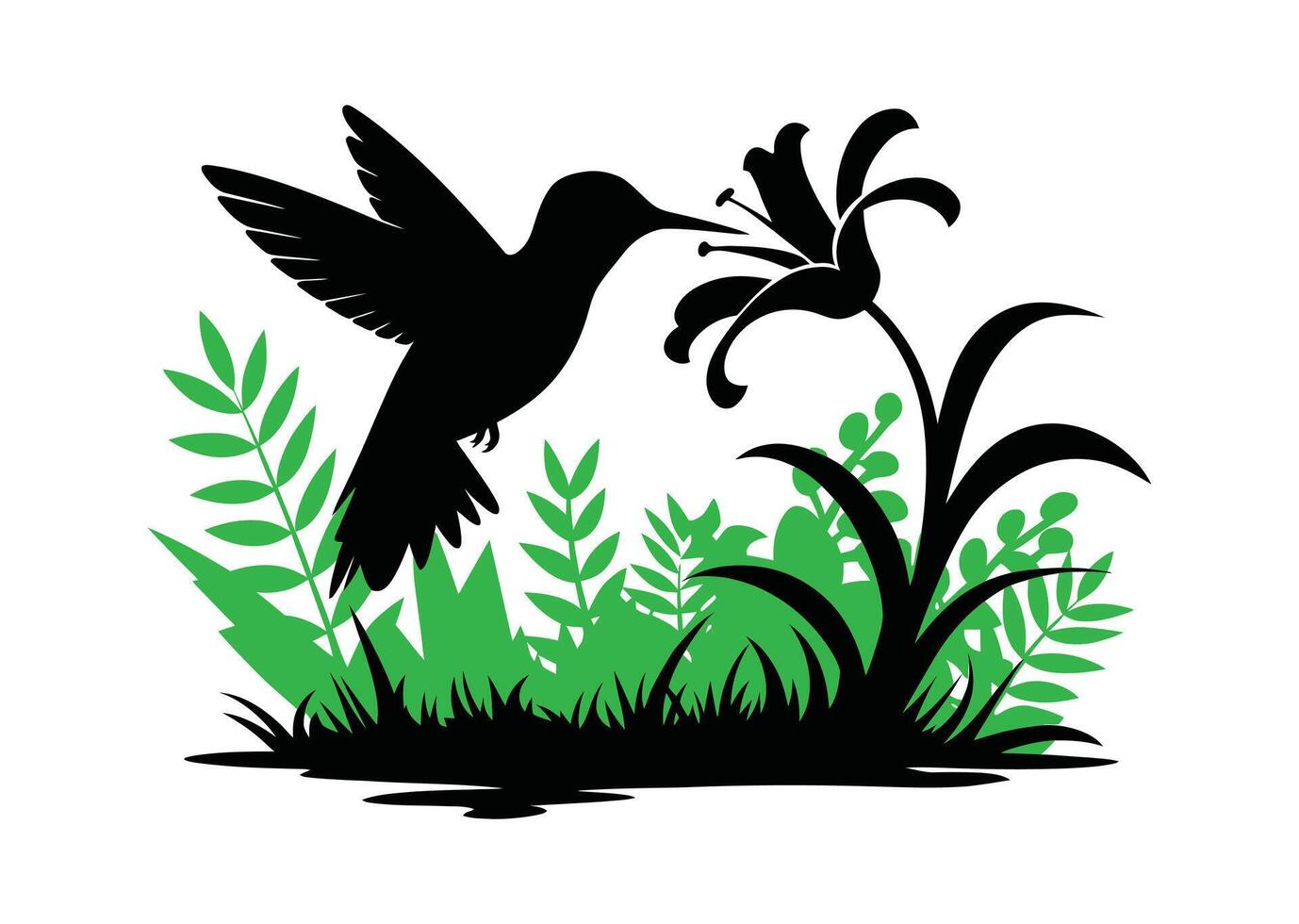 Silhouette of a Hummingbird Feeding on a Flower in Lush Greenery. vector