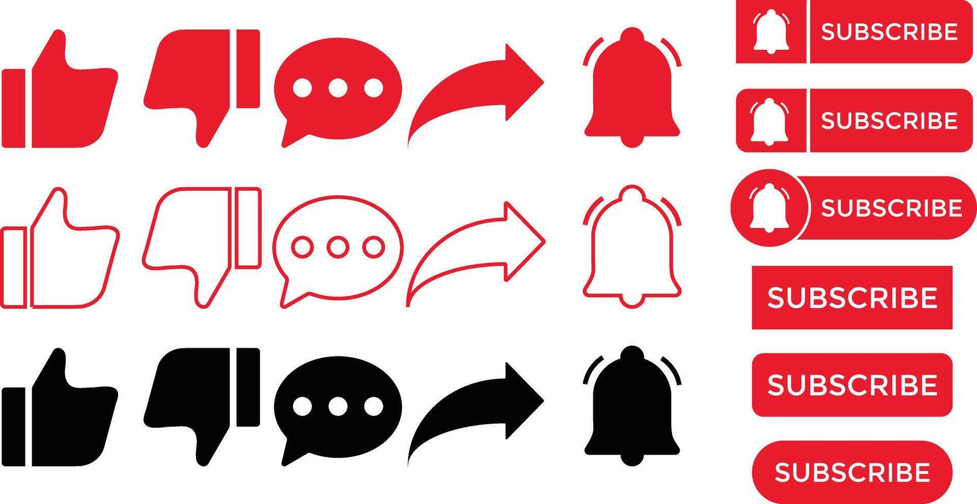 Subscribe, like, comment, share, notification icon set. subscribe button red color and notification bell vector