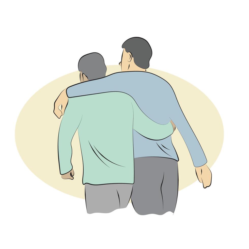 Two male friends with arms around shoulder of each other illustration hand drawn sketch isolated on white background vector