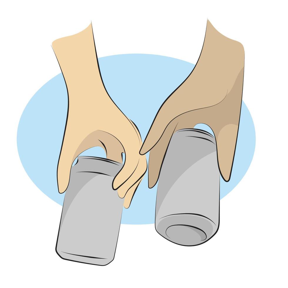 closeup two hands holding metal beverage drink can illustration hand drawn sketch isolated on white background vector