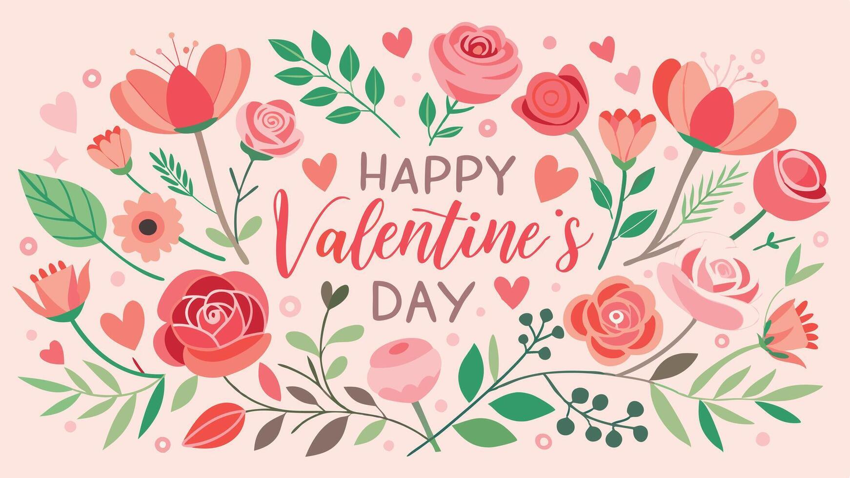Floral Valentines Day Banner with Elegant Happy Valentine Day Text and Romantic Botanical vector