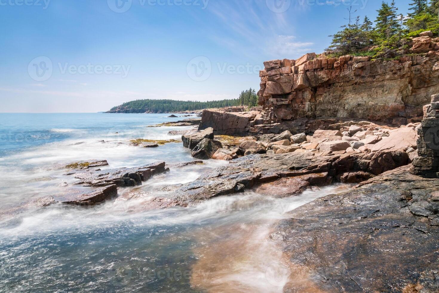 Walking through the forest and coast of Acadia national park in Maine on a sunny day photo