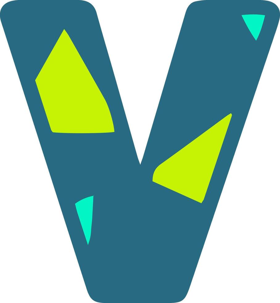 A bold, stylized letter V in teal with bright green and light blue geometric shapes embedded within. Perfect for modern design projects, typography, and creative branding vector