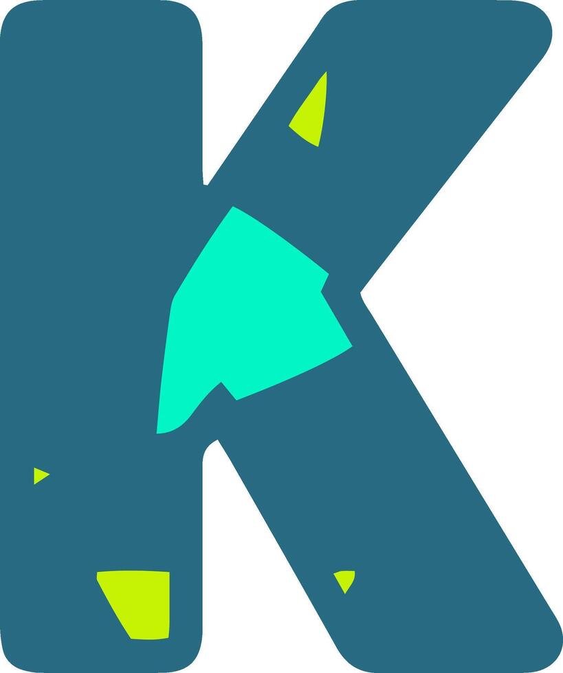 A bold, stylized letter K in teal with abstract green and cyan shapes inside. Perfect for modern design, branding, and typography projects vector