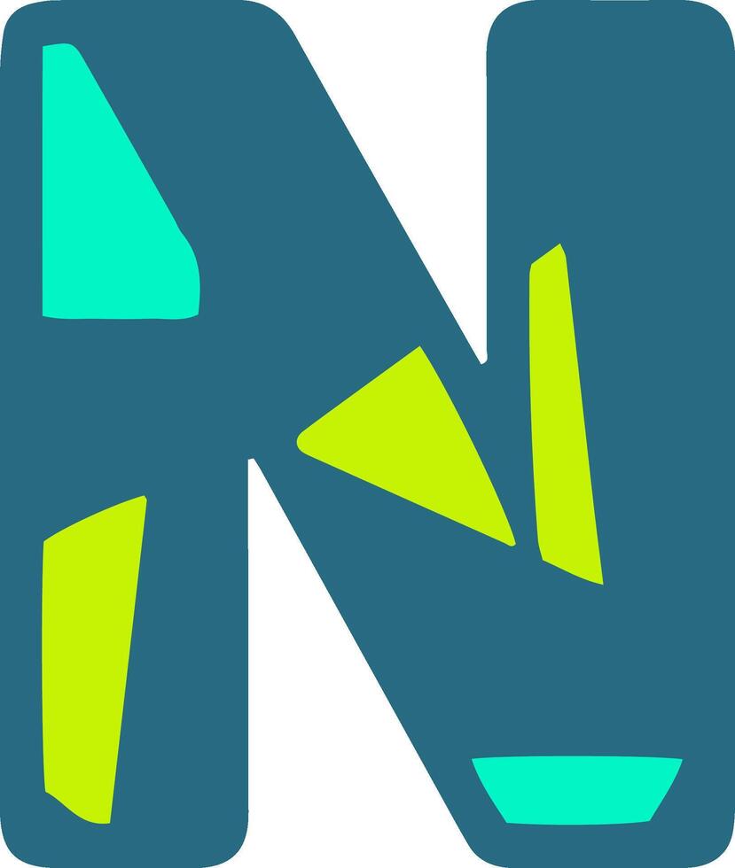Colorful letter N with geometric shapes in teal and lime green. Modern and vibrant design, perfect for creative projects, typography, and branding vector