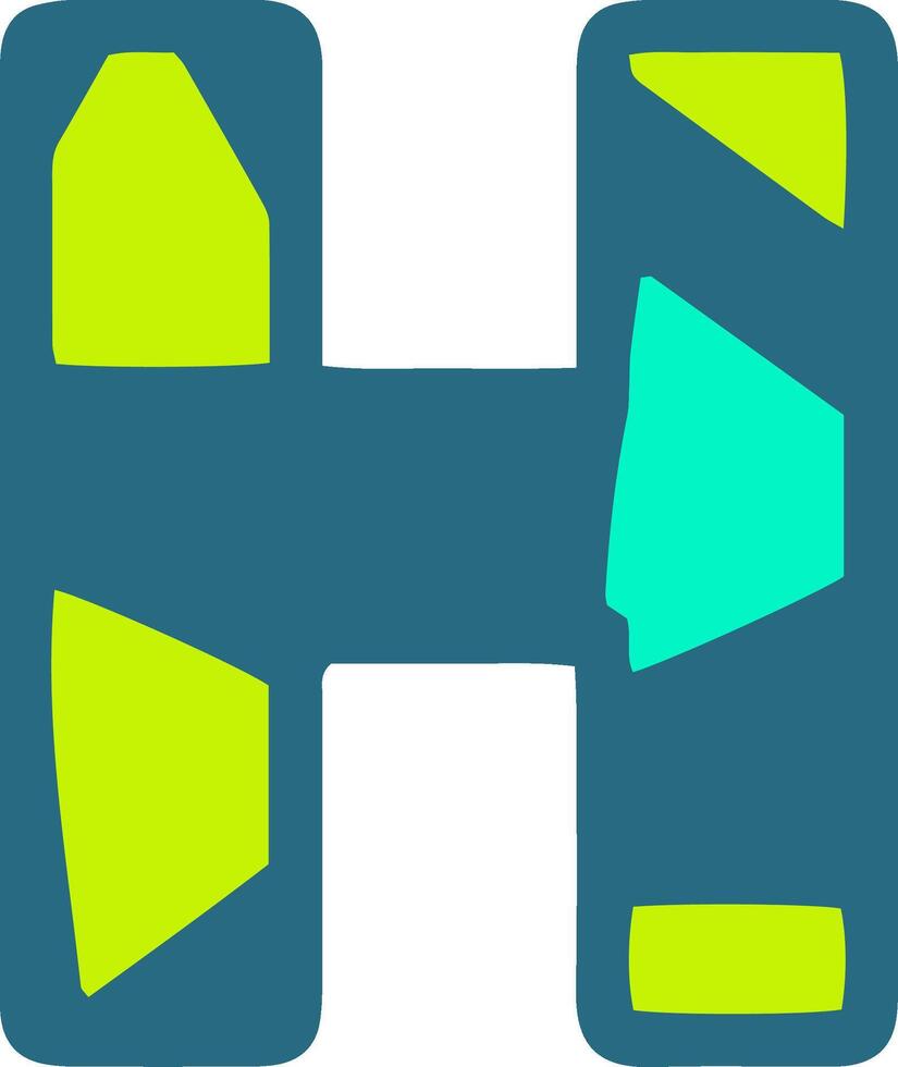 A stylized letter H with a blue background and various geometric shapes in green and cyan. Ideal for modern design and typography projects vector