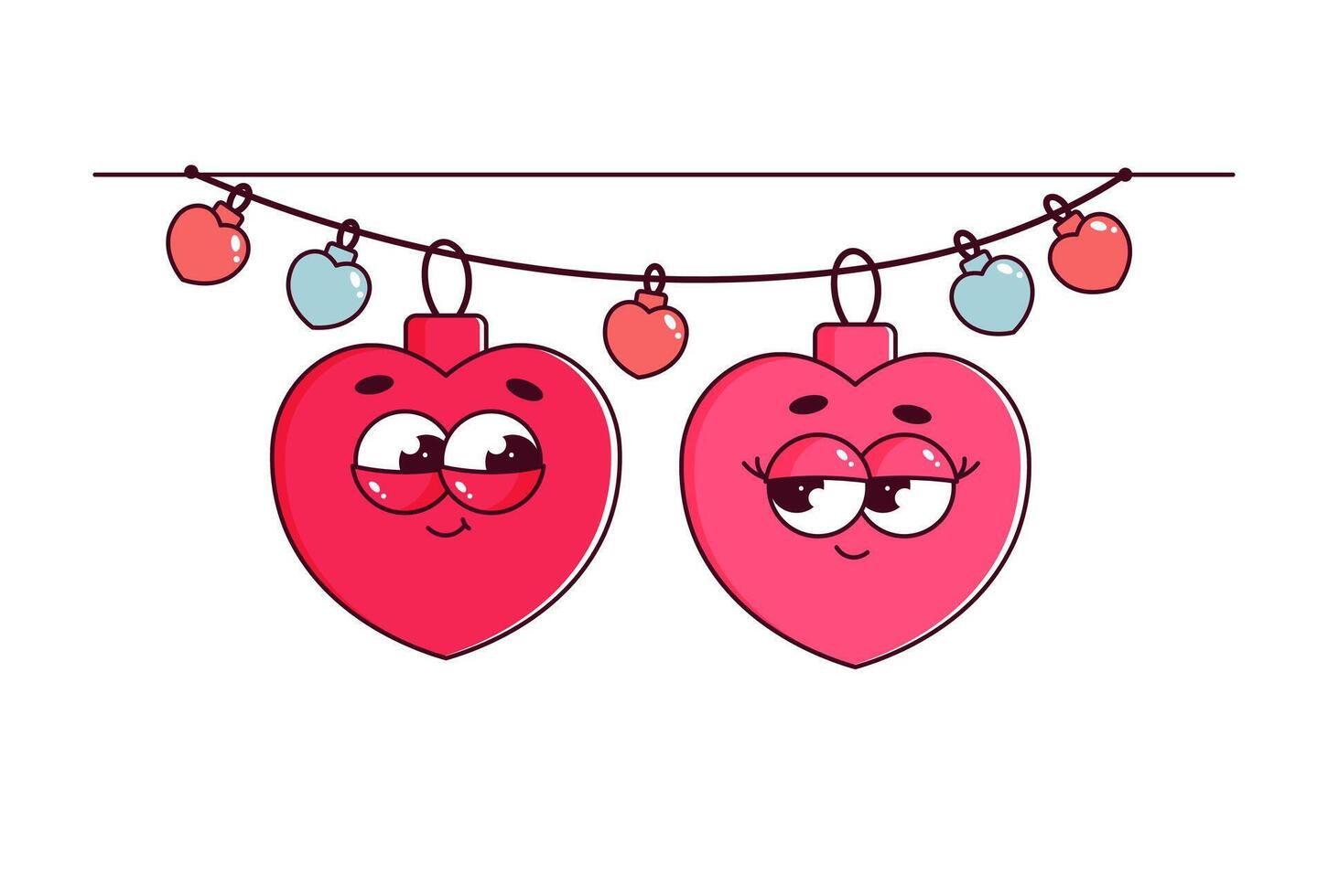 Retro characters hearts in groovy style. Couple in love, Lovely and psychedelic mascots with face. Happy Valentines day. Isolated on background vector