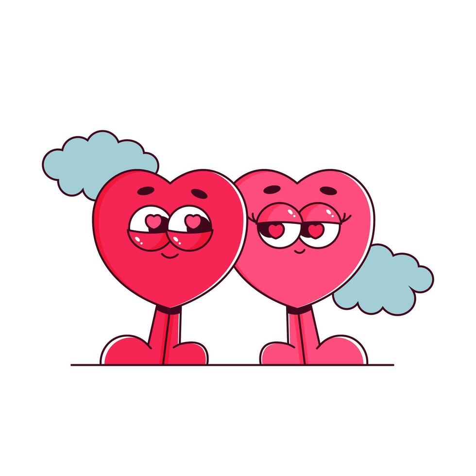 Retro characters hearts in groovy style. Couple in love, Lovely and psychedelic mascots with face. Happy Valentines day. Isolated on white background vector