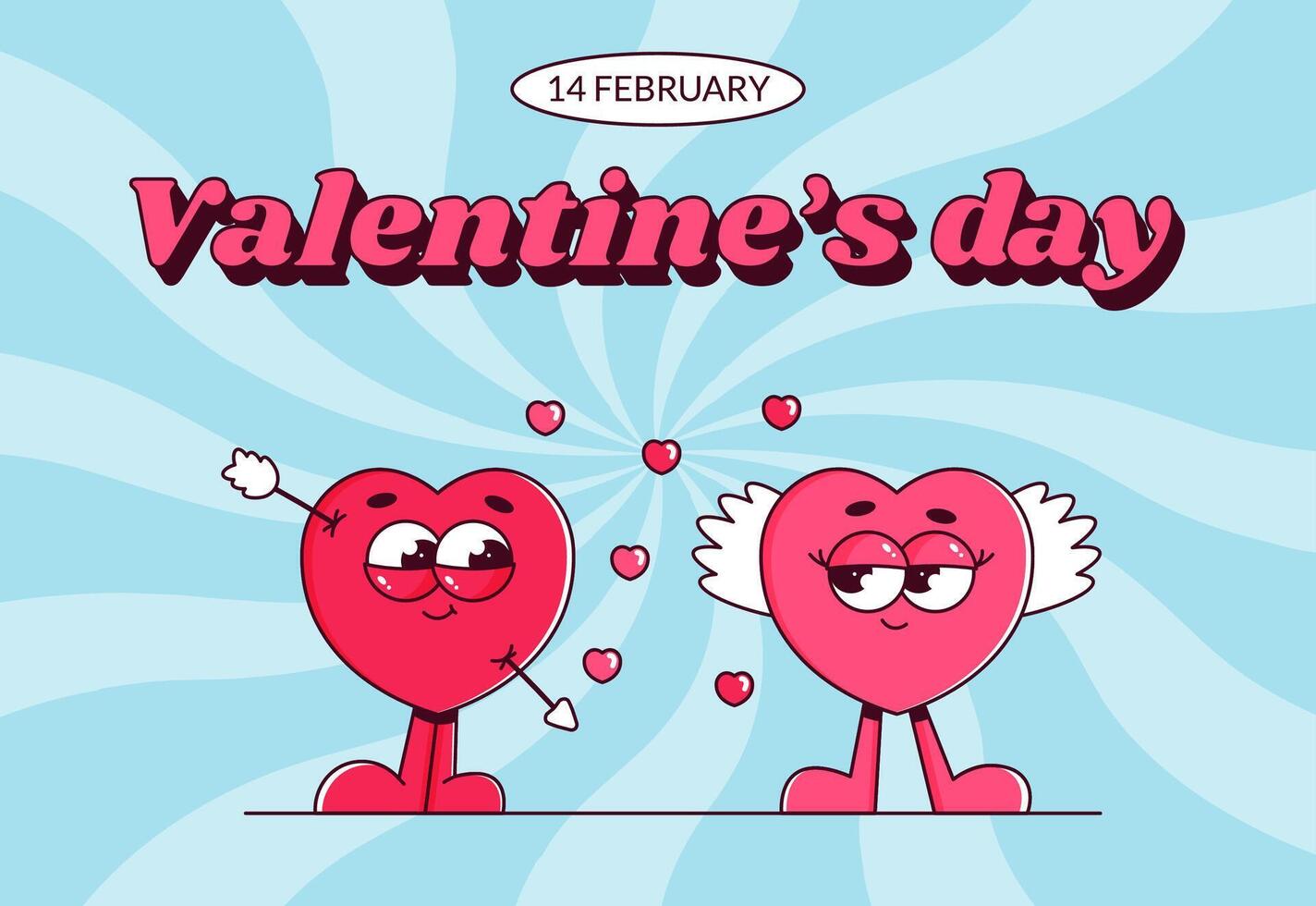 Valentines day, 14 february poster with lovely heart characters with face, cupids arrow and wings. Trendy retro groovy style. illustration vector