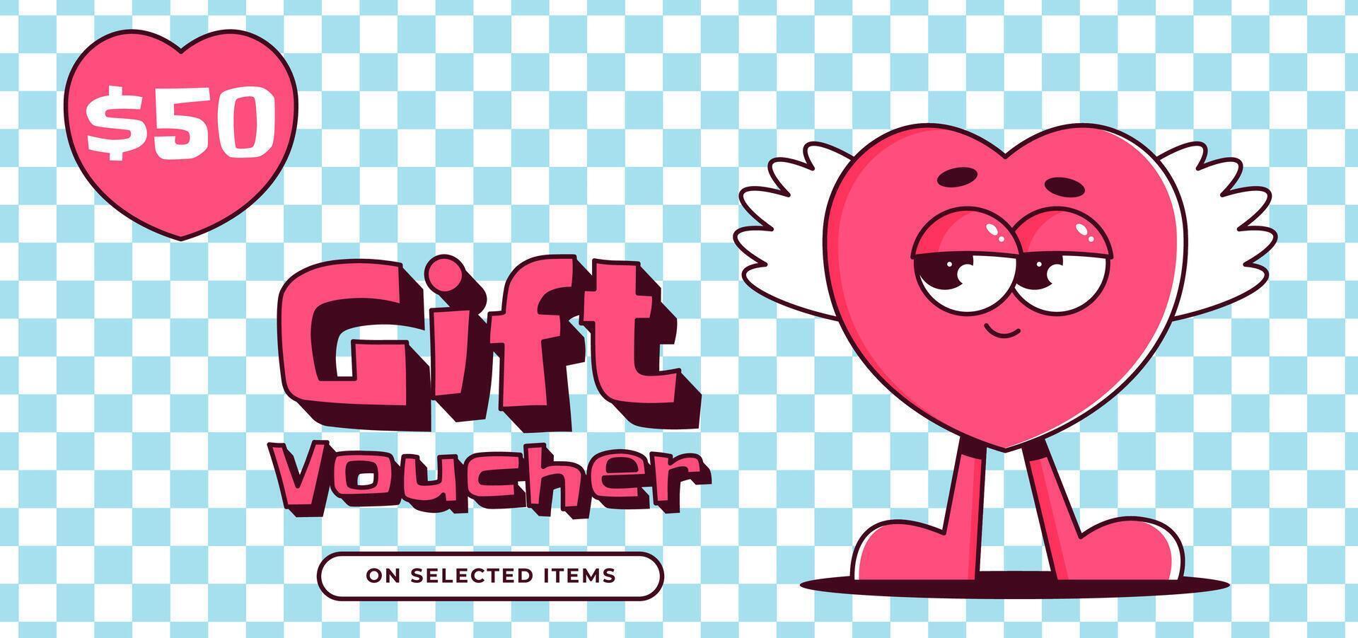 Gift voucher template. Cute lovely character heart with face and wings in retro groovy style. Flat illustration for advertising vector