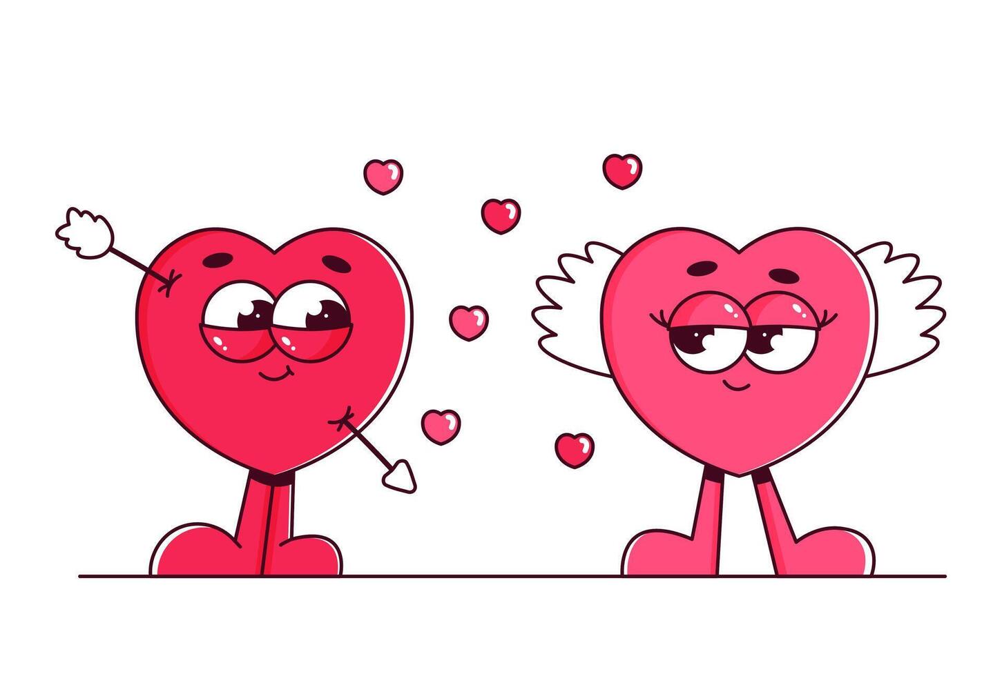 Retro characters hearts in groovy style. Couple in love, Lovely and psychedelic mascots with face, clouds, wings. Happy Valentines day. Isolated on white background vector