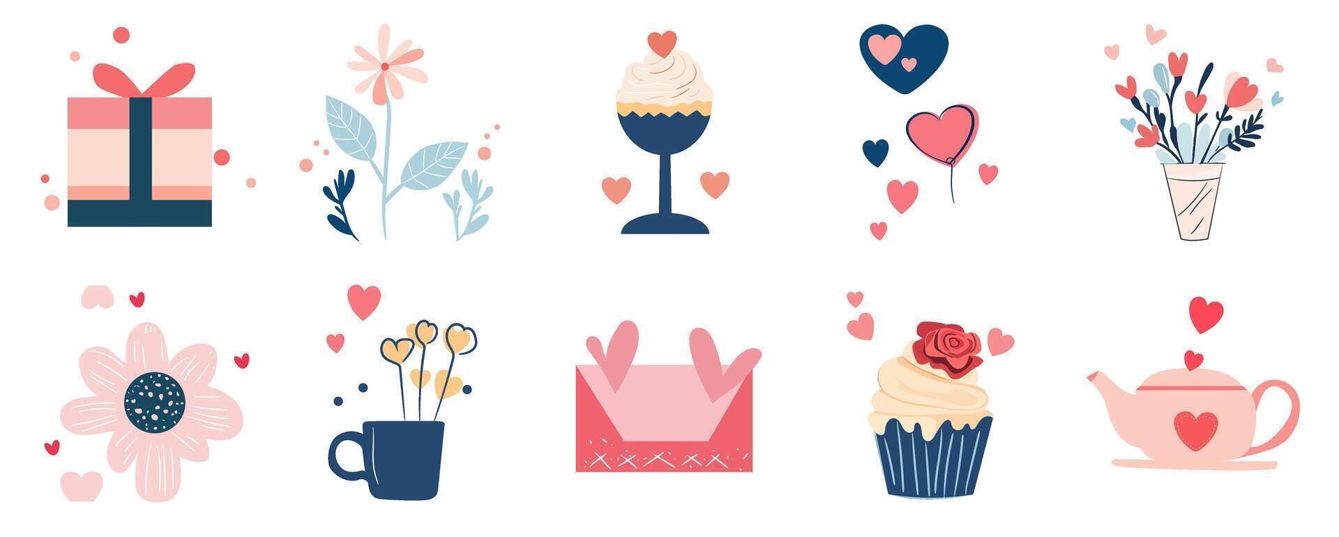 Set of elements Valentines day cute icons design vector