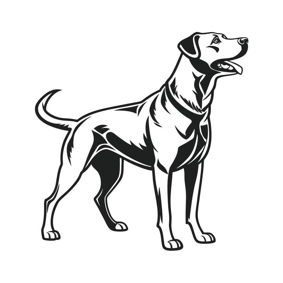 A bold, black and white silhouette of a standing dog, likely a breed like a Rottweiler or similar large breed, with a confident stance and a slightly upward gaze. vector