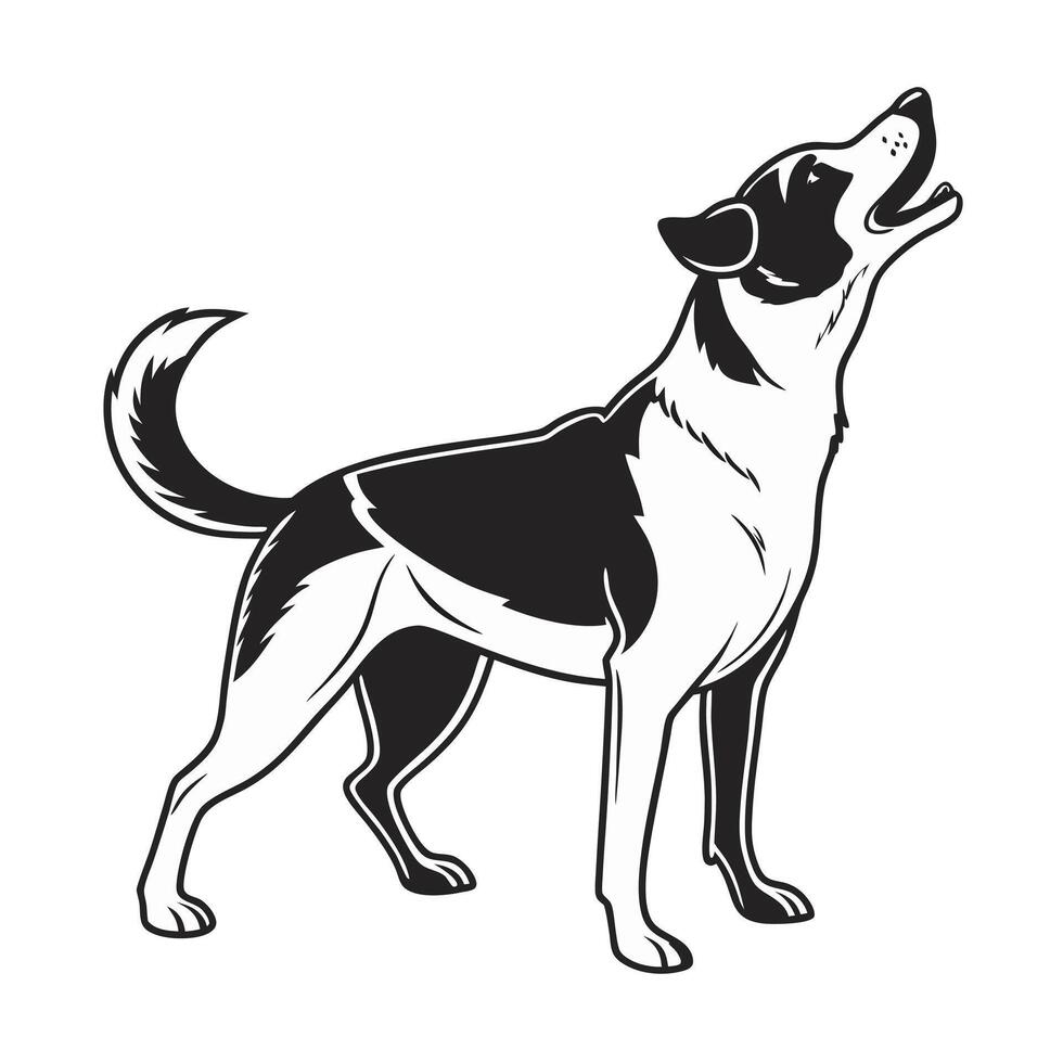A captivating black and white graphic of a dog sitting in profile view. vector