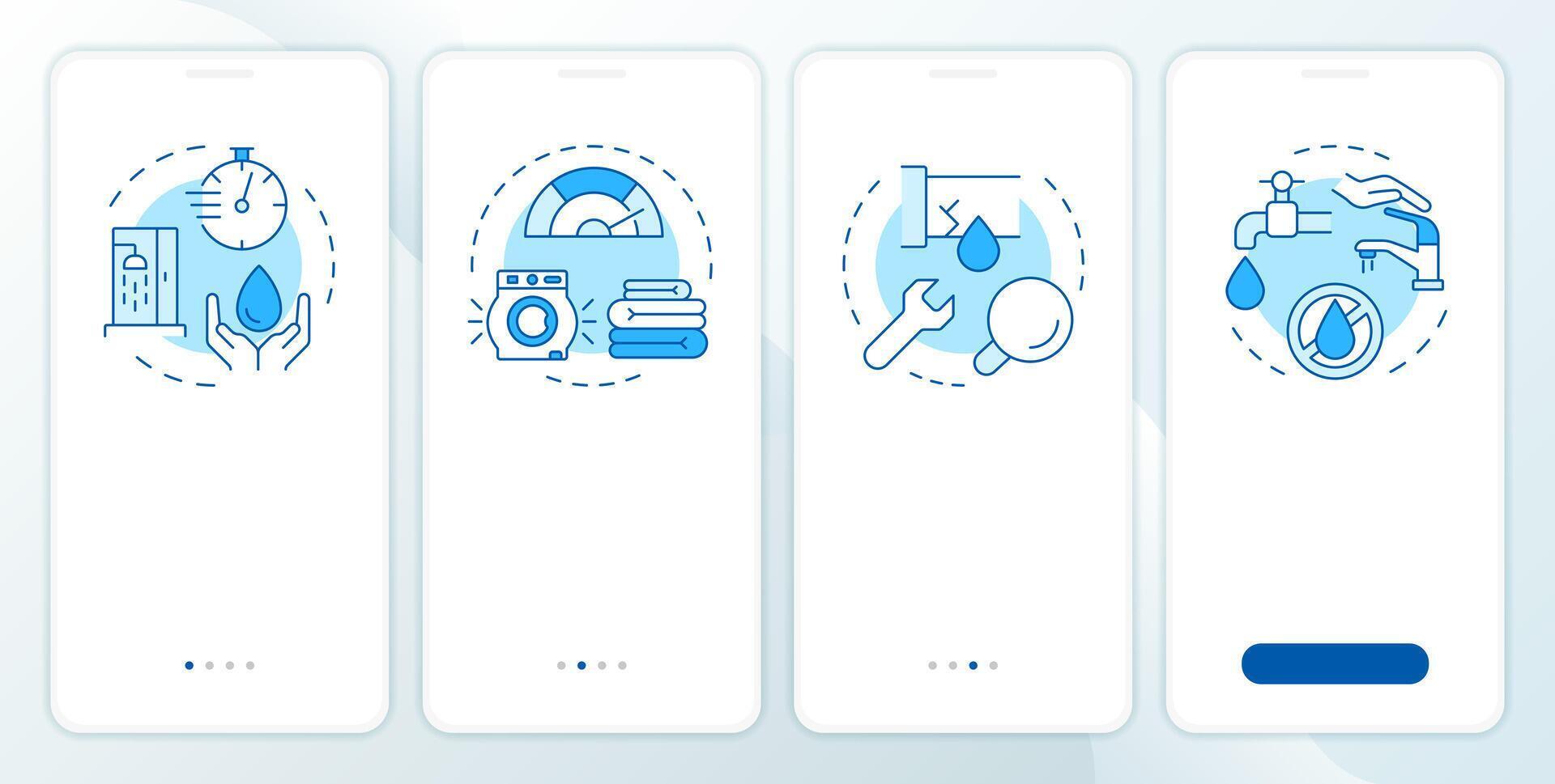 Water saving tips blue onboarding mobile app screen. Consumption walkthrough 5 steps editable graphic instructions with linear concepts. UI, UX, GUI template vector