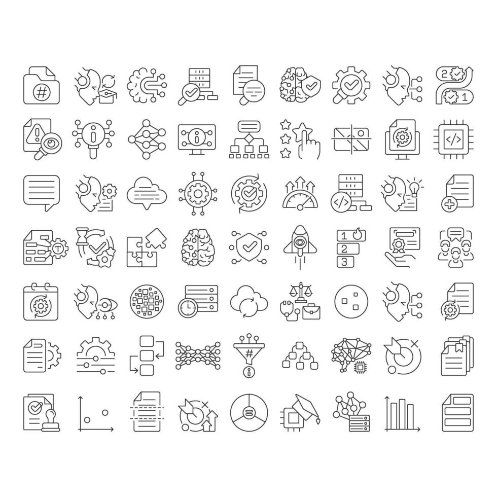 RAG linear icons set. Retrieval augmented generation in data processing. Content making AI instruments. Customizable thin line symbols. Isolated outline illustrations. Editable stroke vector