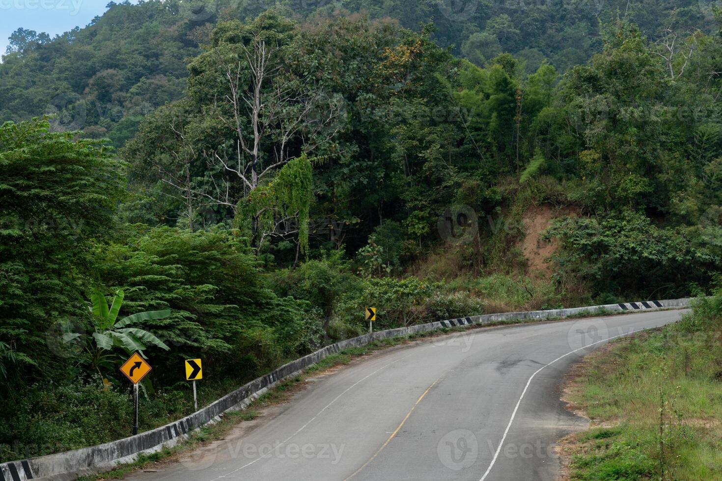 Asphalt road leading straight to the hills. Covered with lush green forest. Curved hill on the mountain. Mae Ngao Mae Hong Son of Thailand. photo