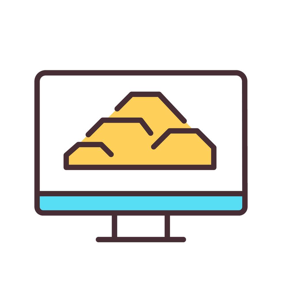 Rocks pile on computer monitor RGB color icon. Digital technology in deposit ore exploration. Mineral data analysis. Isolated illustration. Simple filled line drawing. Editable stroke vector