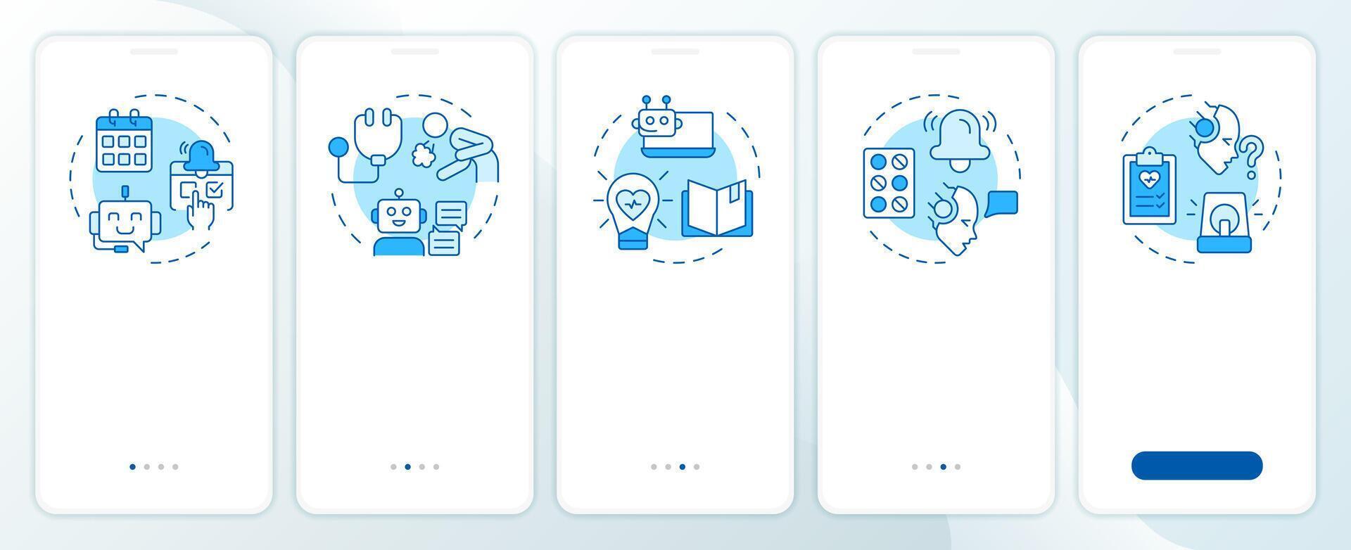 Healthcare chatbot use cases blue onboarding mobile app screen. Walkthrough 5 steps editable graphic instructions with linear concepts. UI, UX, GUI template vector