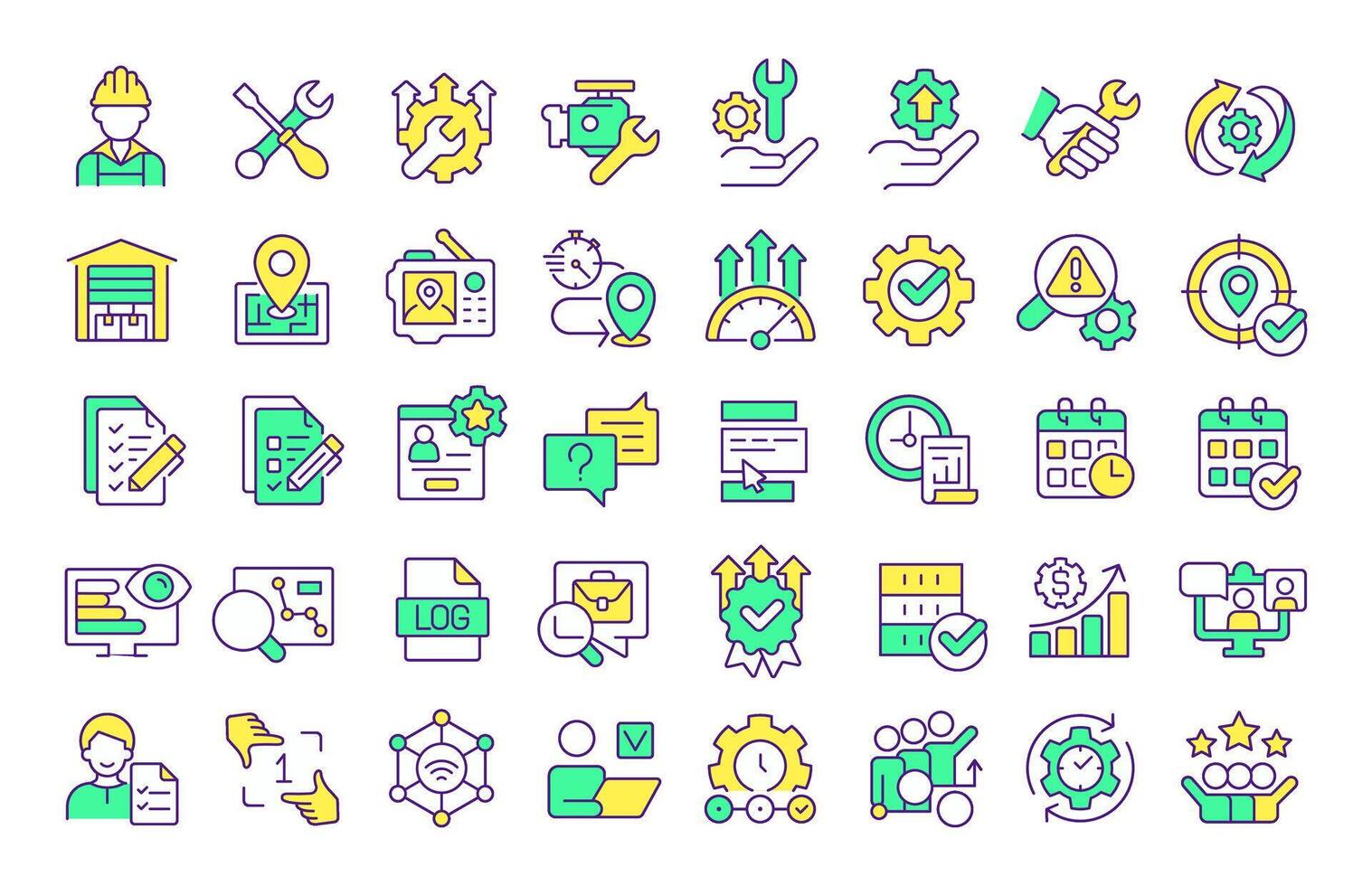 Field service management RGB color icons set. FMS system. Represent tools, gears, documents and workflows. Isolated illustrations. Simple filled line drawings collection. Editable stroke vector