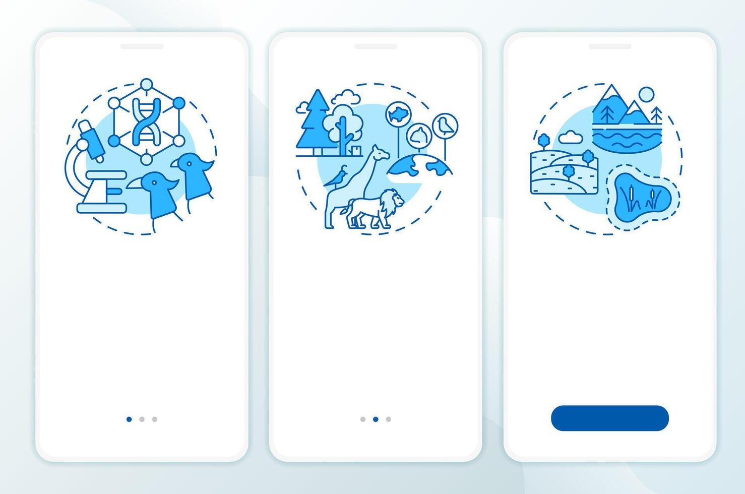 Types of biodiversity blue onboarding mobile app screen. Walkthrough 3 steps editable graphic instructions with linear concepts. UI, UX, GUI template vector