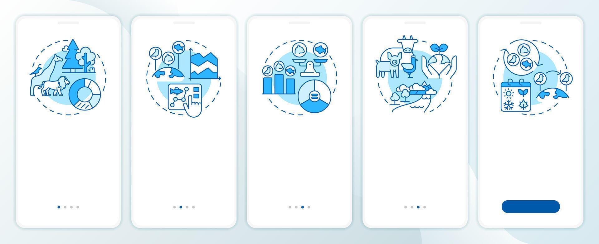 Biodiversity measurement blue onboarding mobile app screen. Walkthrough 5 steps editable graphic instructions with linear concepts. UI, UX, GUI template vector