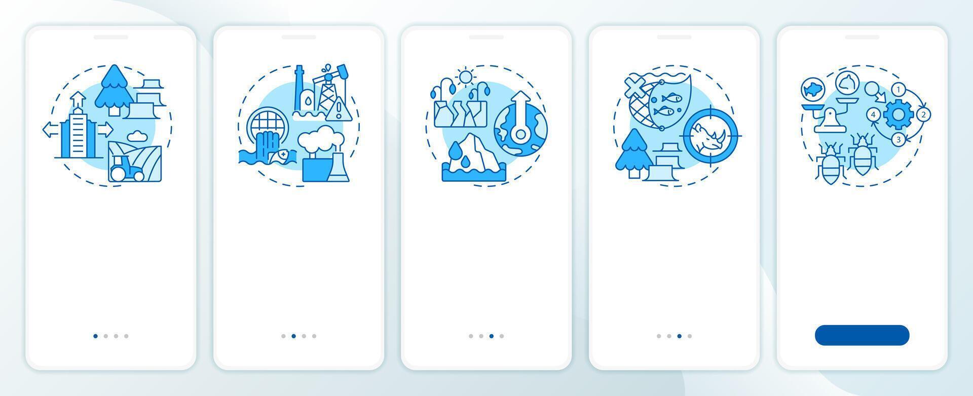 Major causes of biodiversity loss blue onboarding mobile app screen. Walkthrough 5 steps editable instructions with linear concepts. UI, UX, GUI template vector