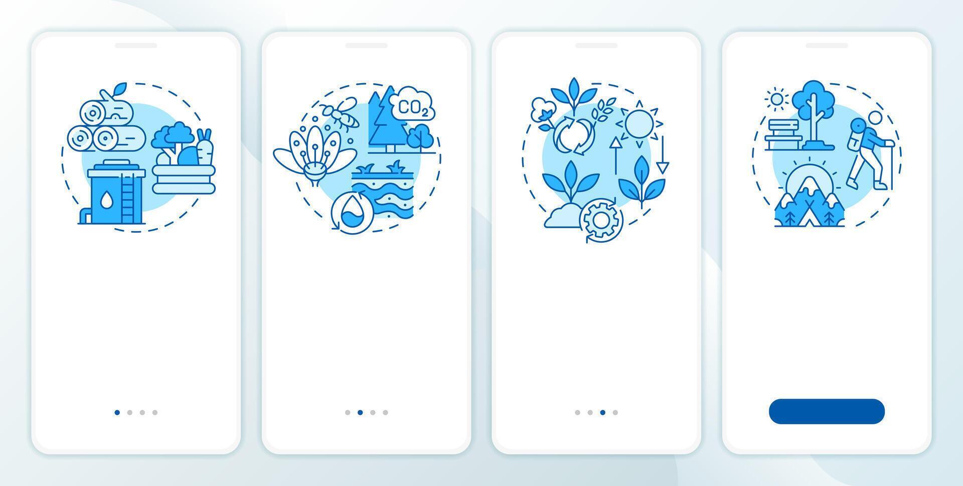Ecosystem services blue onboarding mobile app screen. Walkthrough 4 steps editable graphic instructions with linear concepts. UI, UX, GUI template vector