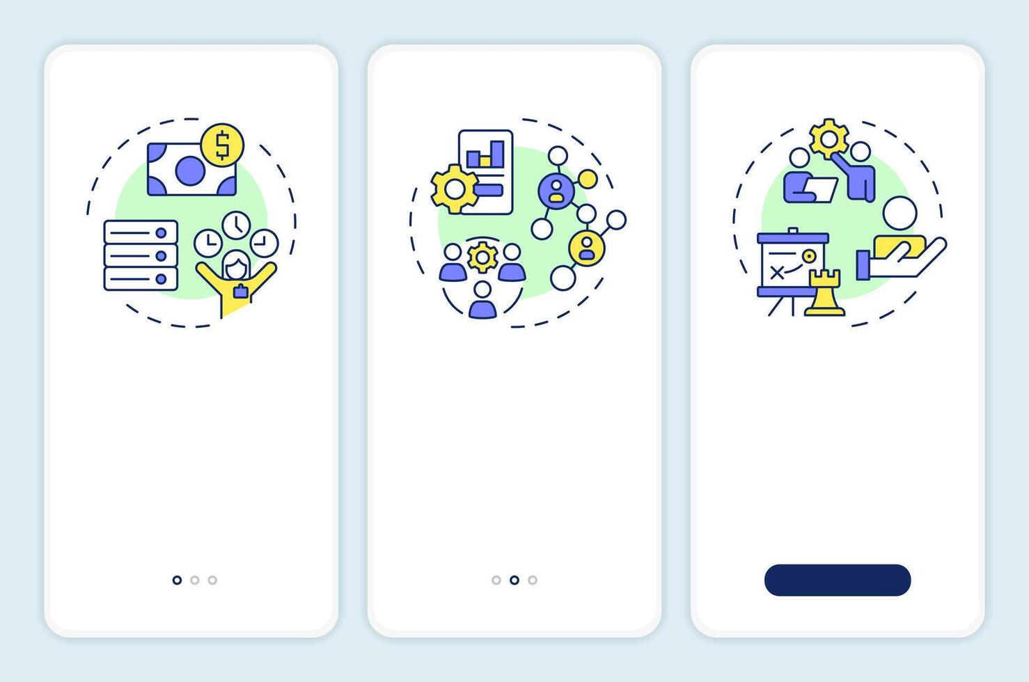 HRMS vs HRIS vs HCM onboarding mobile app screen. Business. Walkthrough 3 steps editable graphic instructions with linear concepts. UI, UX, GUI template vector