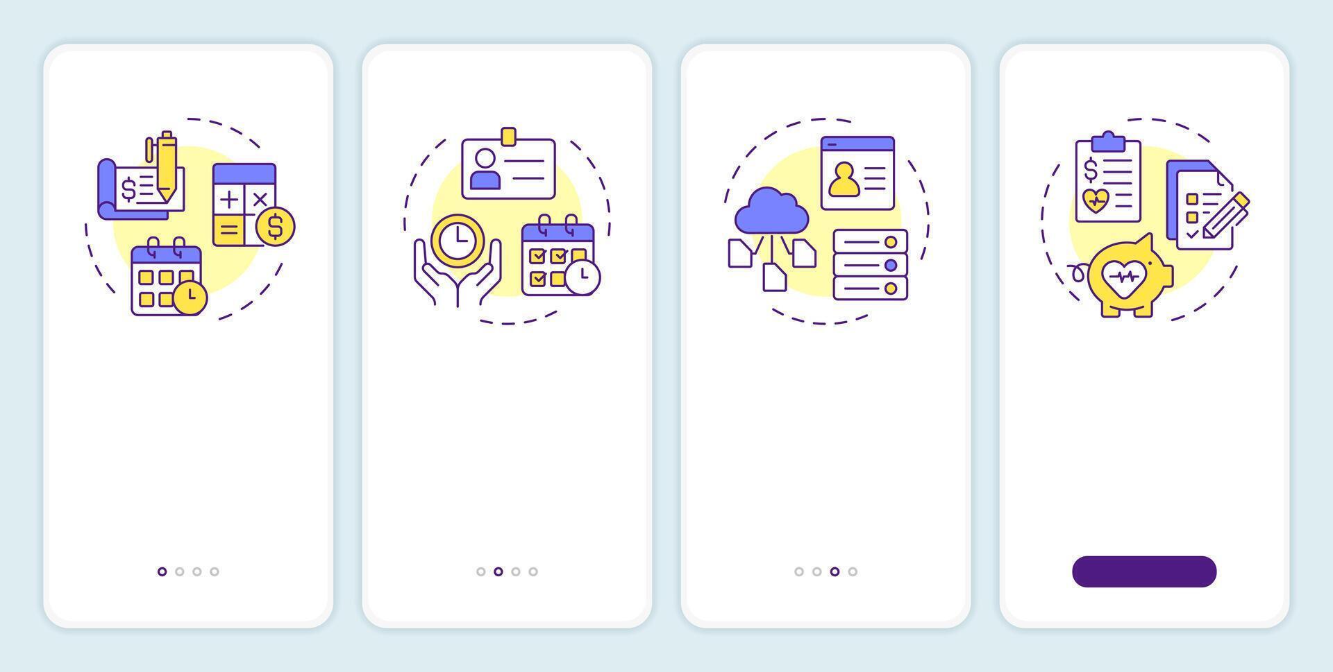 HRIS onboarding mobile app screen. HR information system. Walkthrough 4 steps editable graphic instructions with linear concepts. UI, UX, GUI template vector