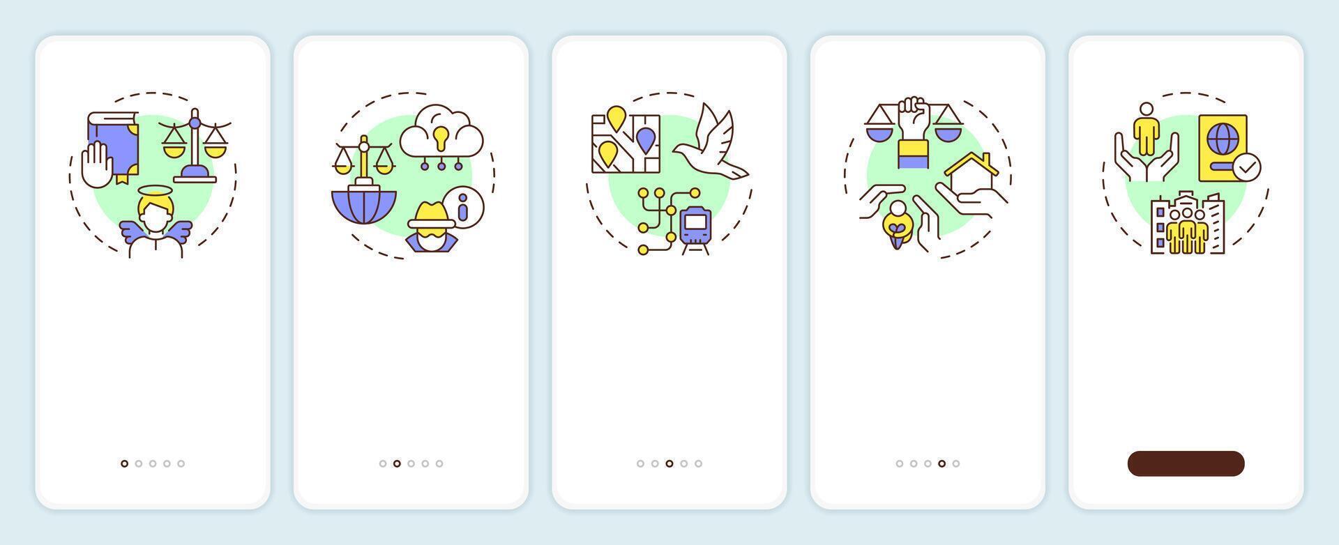Human law rights onboarding mobile app screen. Walkthrough 5 steps editable graphic instructions with linear concepts. UI, UX, GUI template vector