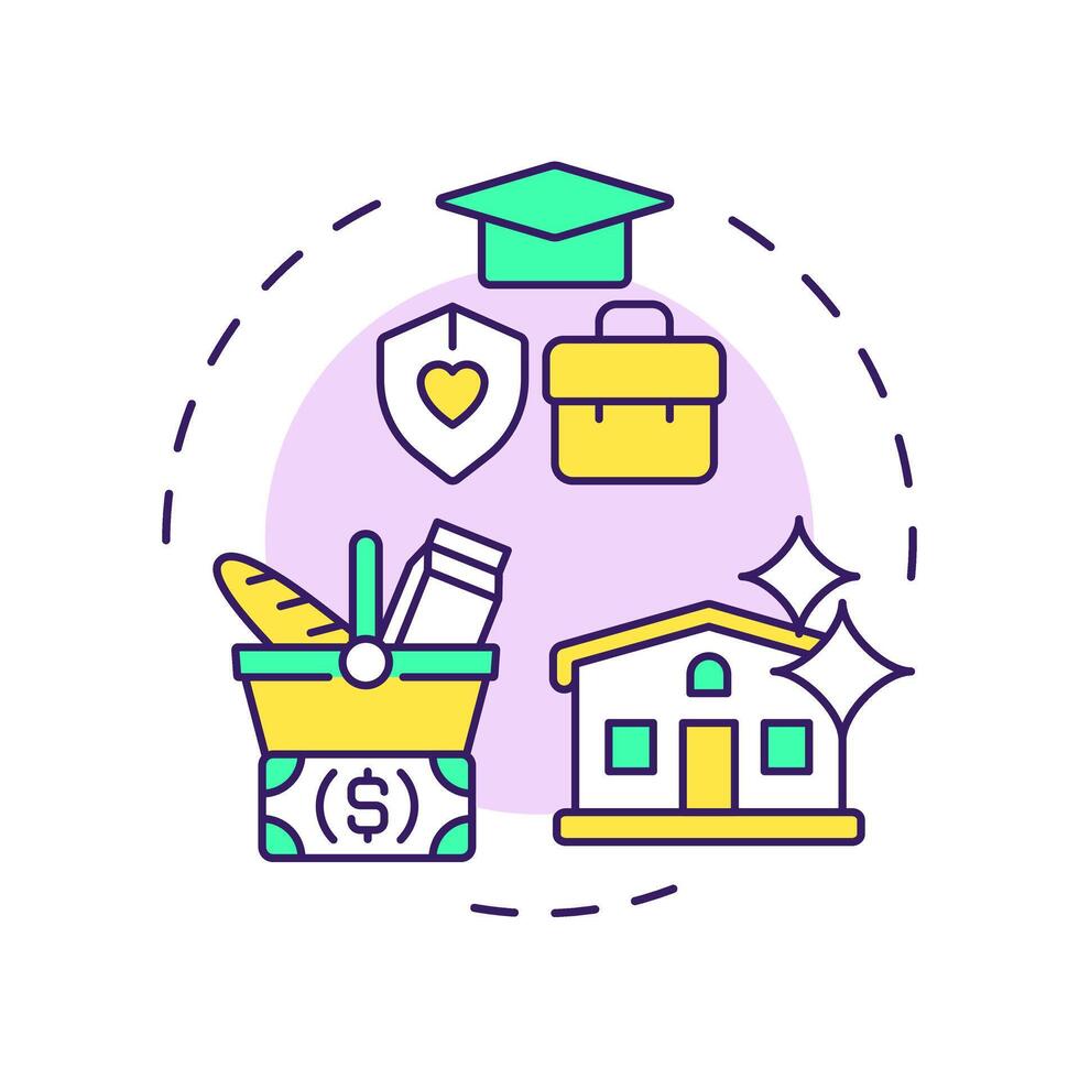 Adequate living standards multi color concept icon. Human rights. Education, ownership. Round shape line illustration. Abstract idea. Graphic design. Easy to use in infographic, presentation vector
